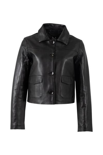 Blouson femme en cuir d'agneau noir boutonnée, col chemise