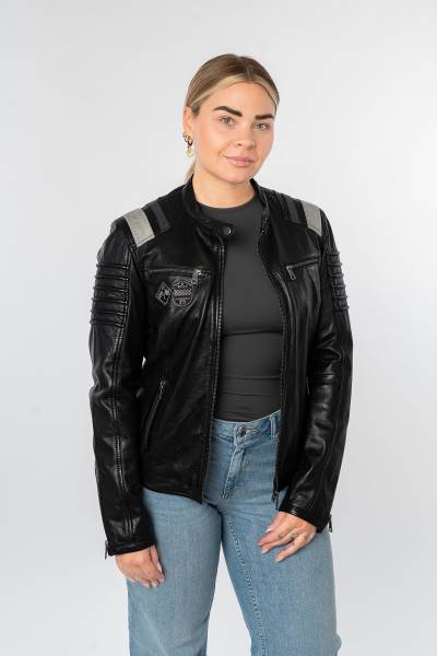 Blouson femme en cuir d'agneau noir à bandes grises et patches brodés