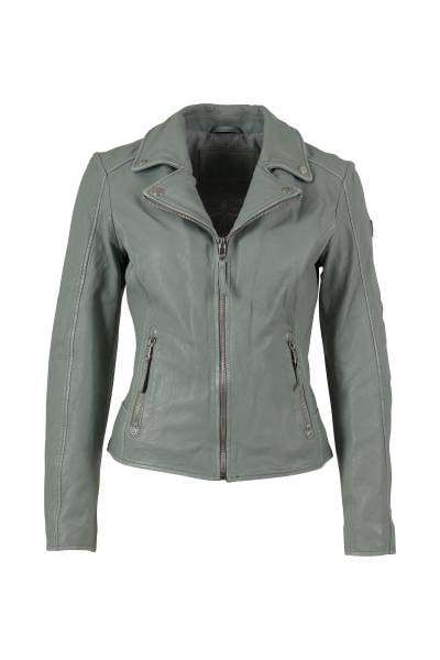 Blouson biker femme en cuir d'agneau vert d'eau pâle à col tailleur