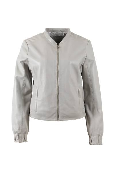 Blouson femme en cuir d'agneau gris argenté à poches passepoilées