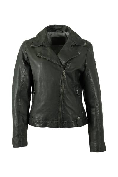 Blouson biker femme en cuir d'agneau kaki foncé