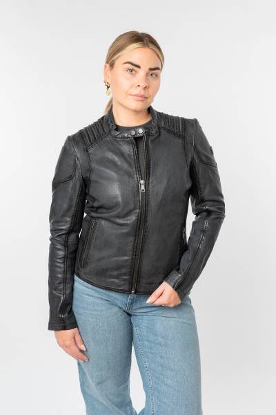 Blouson femme en cuir d'agneau anthracite à épaules nervurées