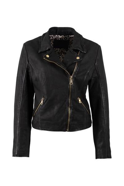 Blouson biker femme en cuir noir à zips dorés et doublure léopard
