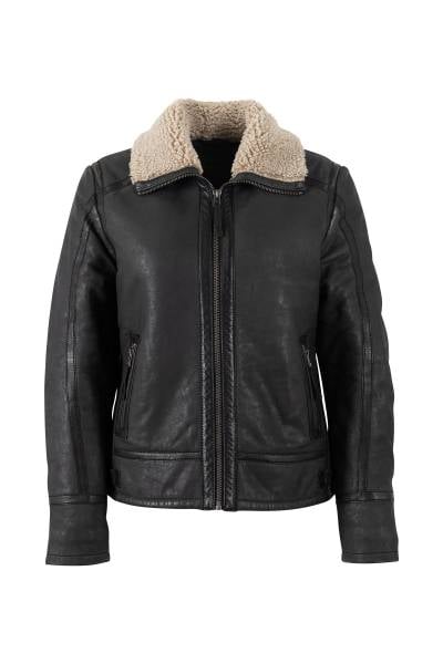 Blouson femme en cuir noir à col en laine synthétique