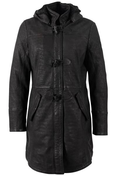 Manteau long en cuir d'agneau noir délavé à capuche et brandebourgs