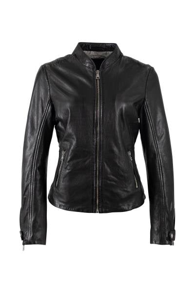 Blouson femme en cuir d'agneau noir lisse col mao