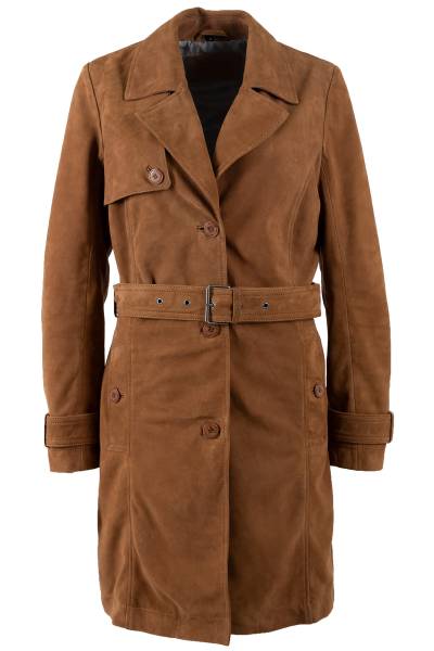 Manteau ceinturé en cuir d'agneau velours camel