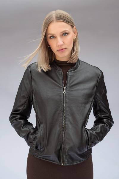 Blouson femme en cuir d'agneau noir épuré, à col mao