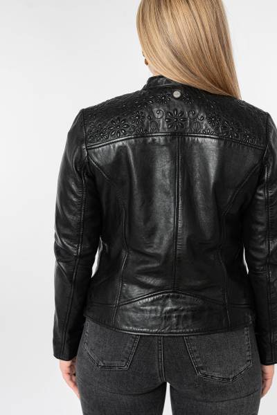 Blouson femme en cuir d'agneau noir à épaules brodées ton sur ton