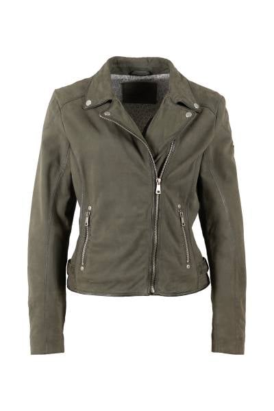 Blouson biker femme en agneau velours kaki, doublure léopard