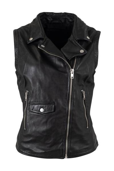 Gilet femme sans manches en cuir d'agneau noir à zip asymétrique
