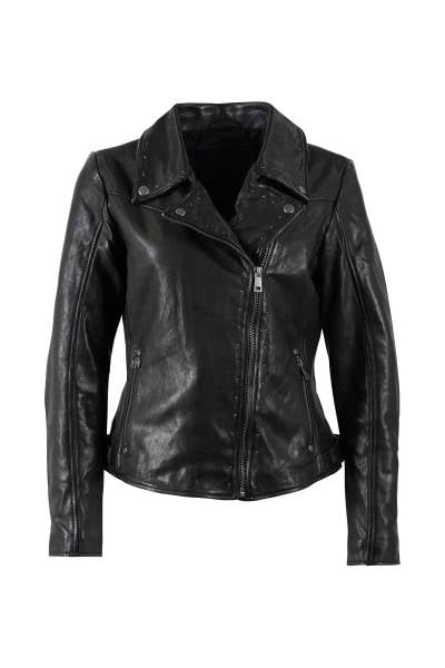 Blouson biker femme en cuir d'agneau noir clouté