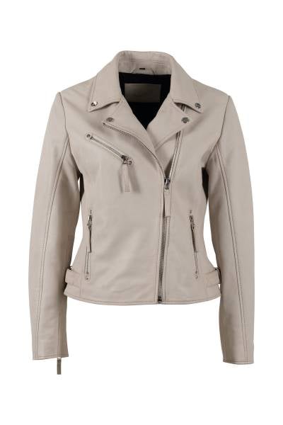 Blouson biker femme en cuir d'agneau ivoire, zip asymétrique