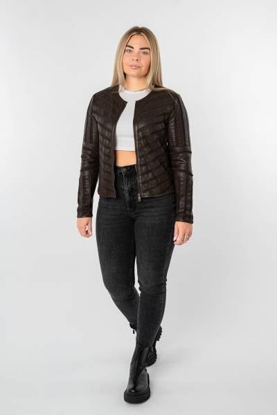 Blouson femme en cuir brun foncé avec chevrons