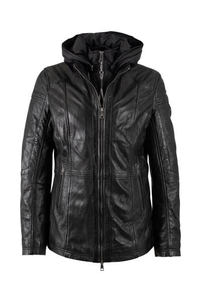 Veste femme mi-longue en cuir d'agneau noir à capuche amovible