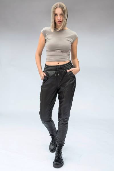 Pantalon de jogging en cuir d'agneau noir à taille élastiquée