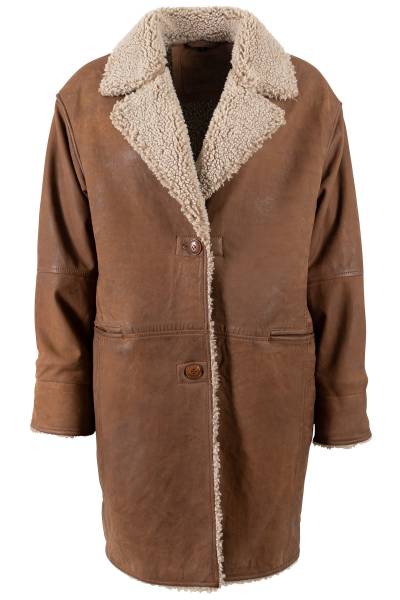 Manteau femme oversize en peau lainée camel, col et doublure mouton