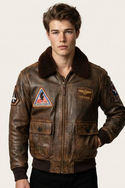 Blouson en cuir de chèvre marron avec patchs brodés