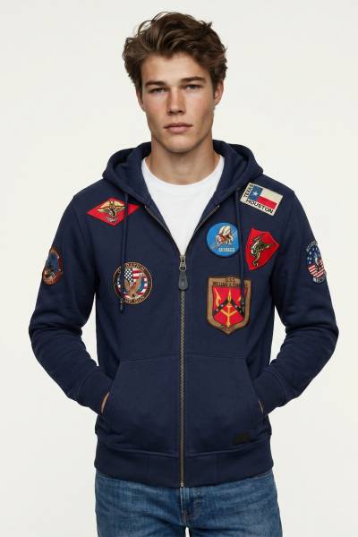 Marineblauer Baumwollpullover mit bestickten Patches