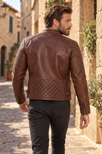 Cognacfarbene Rindslederjacke, Gerbung, Biker-Look.