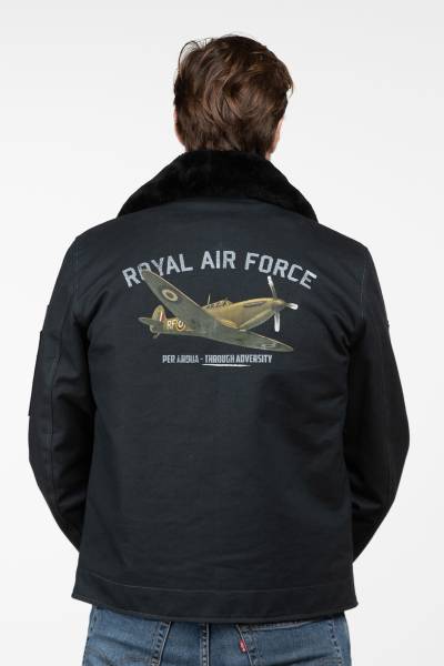Aviatorjacke aus marineblauem Canvas mit Illustration auf dem Rücken