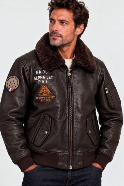  Blouson aviateur en cuir marron avec col fourrure de mouton amovible