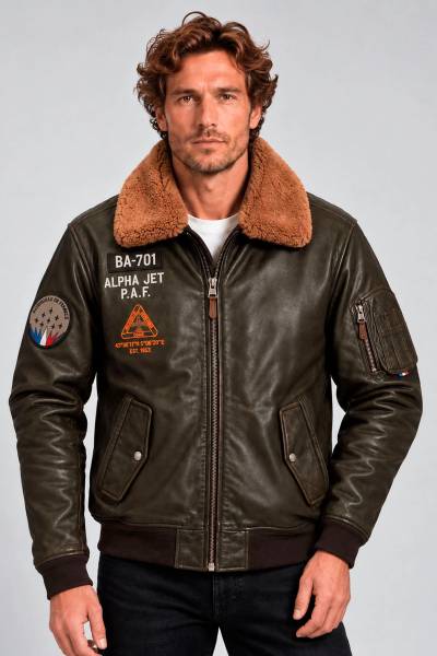  Blouson aviateur en cuir kaki avec col fourrure de mouton amovible