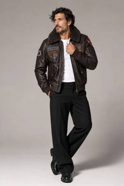 Braune Leder-Aviatorjacke mit Fliegerpatches
