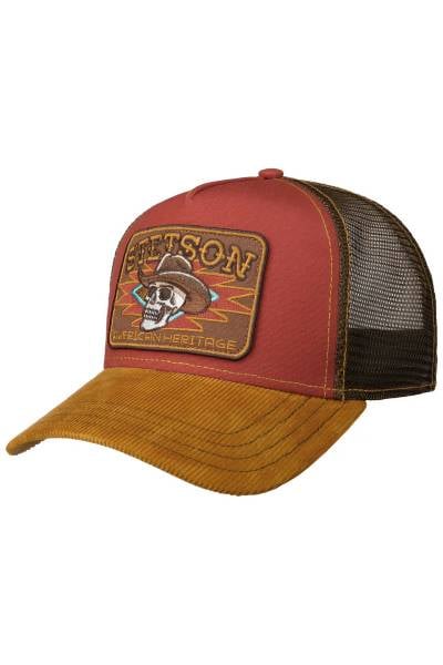 Dreifarbige Mesh-Truckercap mit Badge und Cowboy-Schädel-Illustration